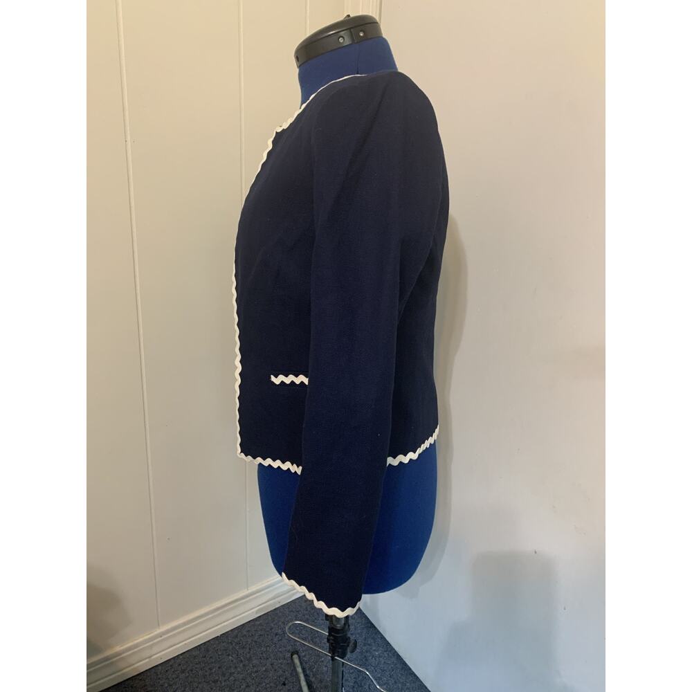 JCrew Cotton Short Navy Blazer White Ric Rac Trim Size 4 Preppy Work - Picture 2 of 7
